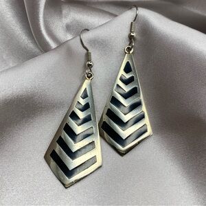 Vintage Alpaca Mexico Silver Drop Earrings Black Inlay Chevron Diamond